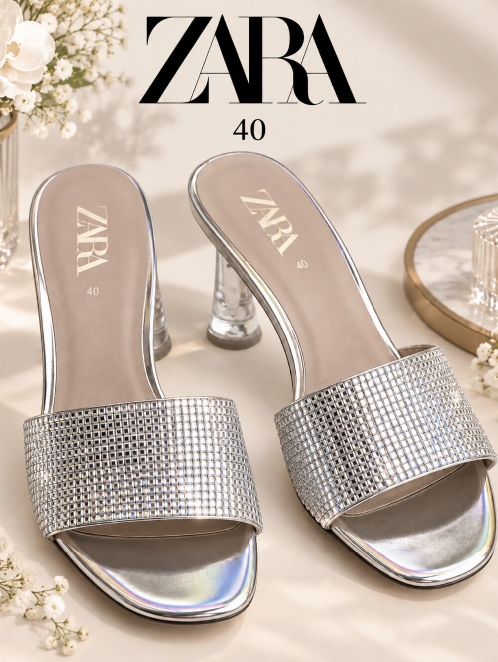 Zara Glamorous Sparkling Silver Heeled Slide In Sandals, Size 40